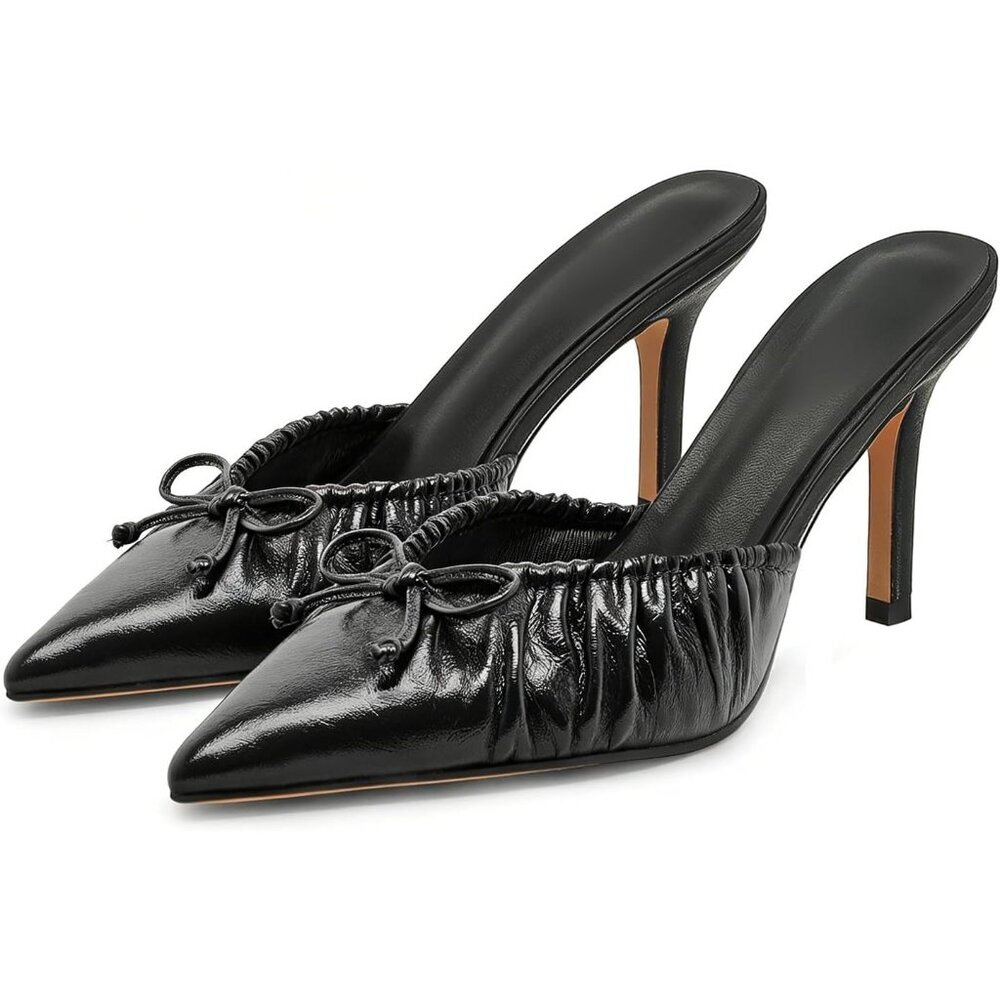 Women's Black Bow Pointed Toe Heel Dressy Slip on Mules Trendy Sexy Stiletto